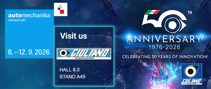 Giuliano 50th-anniversary logo and Automechanika logo, showing Hall 8, Stand A49, and the dates for Automechanika 2026: 8&ndash;12 September 2026
