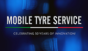 Mobile Tyre Service &ndash; Celebrating 50 Years of Innovation&rdquo; text on a blue background. The underline features the colors of the Italian flag.