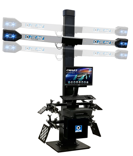 Wheel alignment machine for passenger&rsquo;s cars and LCVs, 3D camera imaging, with automatic variable height through motorized camera beam